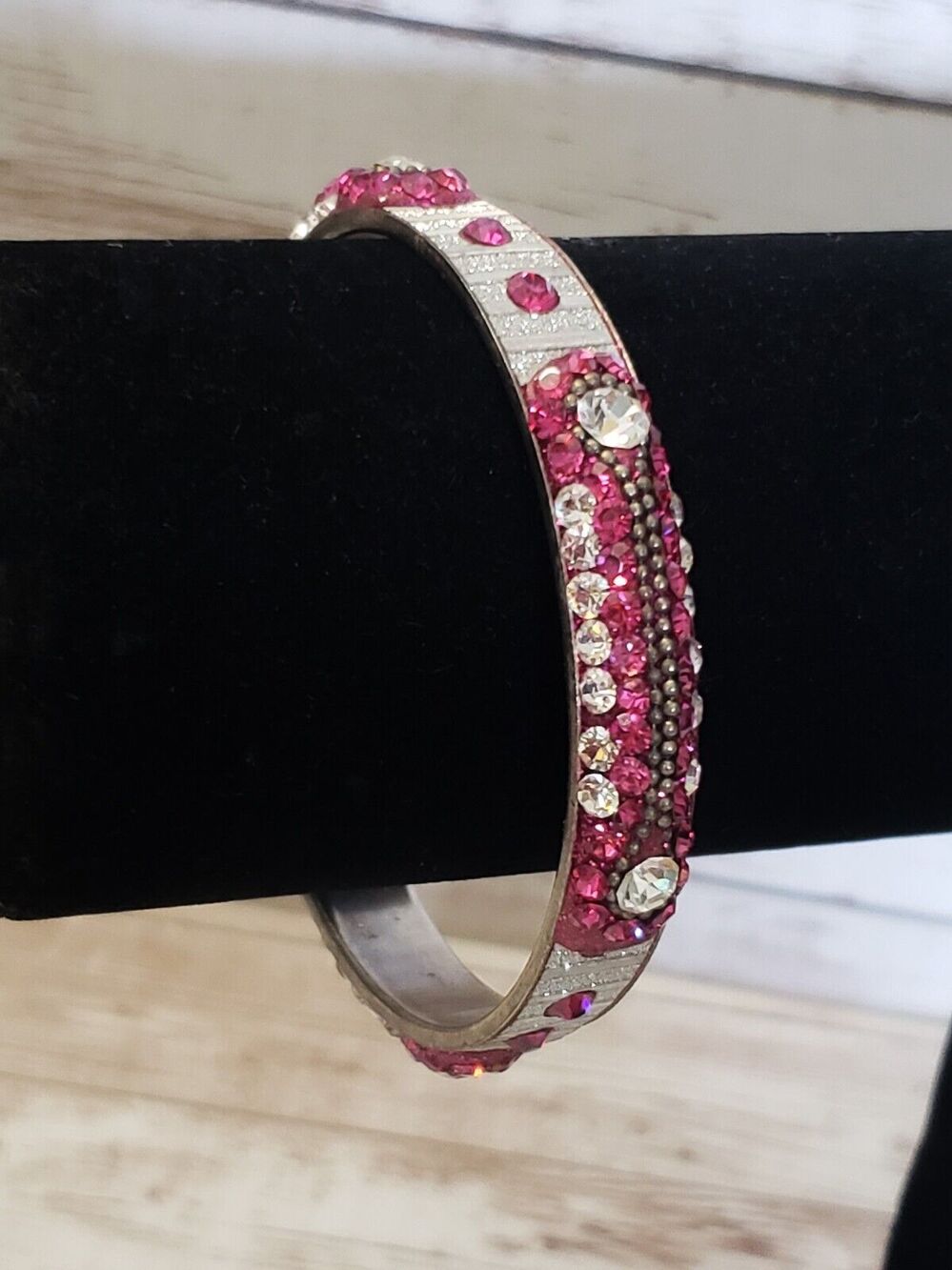 Vintage Bracelet / Bangle Pink & Silver Tone with Clear Gems